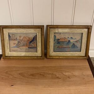 Vintage Framed 3D Carved Cork Village Asian Art Set of Two
